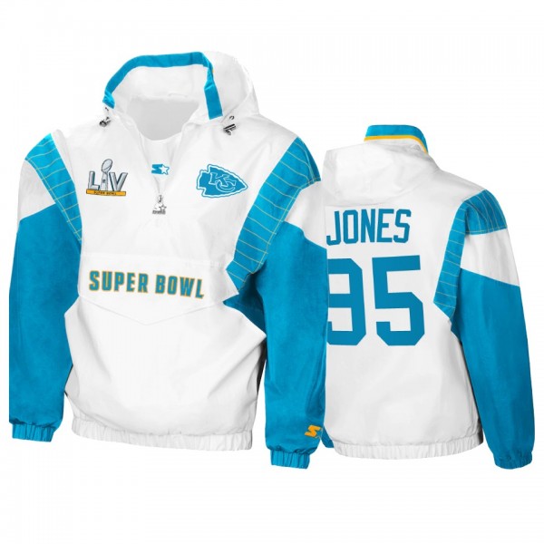 Kansas City Chiefs Chris Jones White Teal Super Bowl LV Crinkle Half-Zip Pullover Hoodie