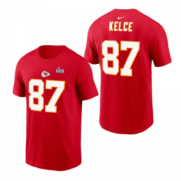 Men's Kansas City Chiefs Travis Kelce Nike Red Super Bowl LVII Name & Number T-Shirt