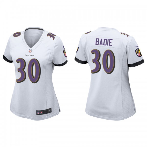 Women's Baltimore Ravens Tyler Badie White Game Je...